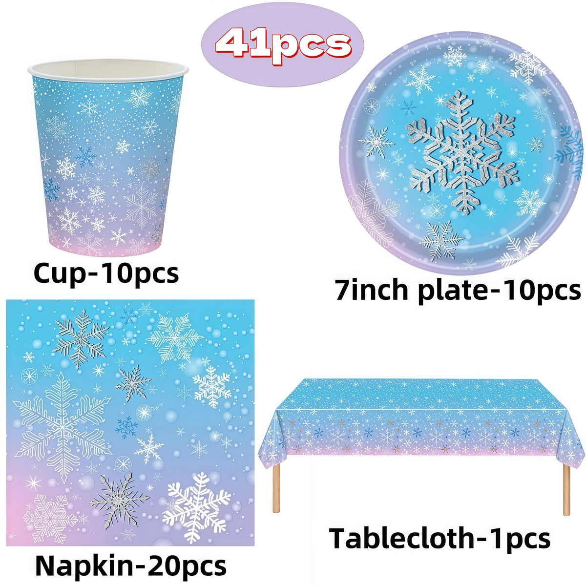 Snowflake Party Supplies – Cups, Plates, Napkins & Tablecloth Party Tableware Set Babs 41pcs others