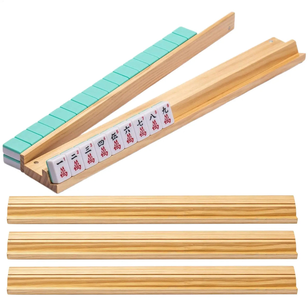 4-Pack Wooden Mahjong Racks with Pushers – Non-Slip Holders Mahjong Rack Set Babs