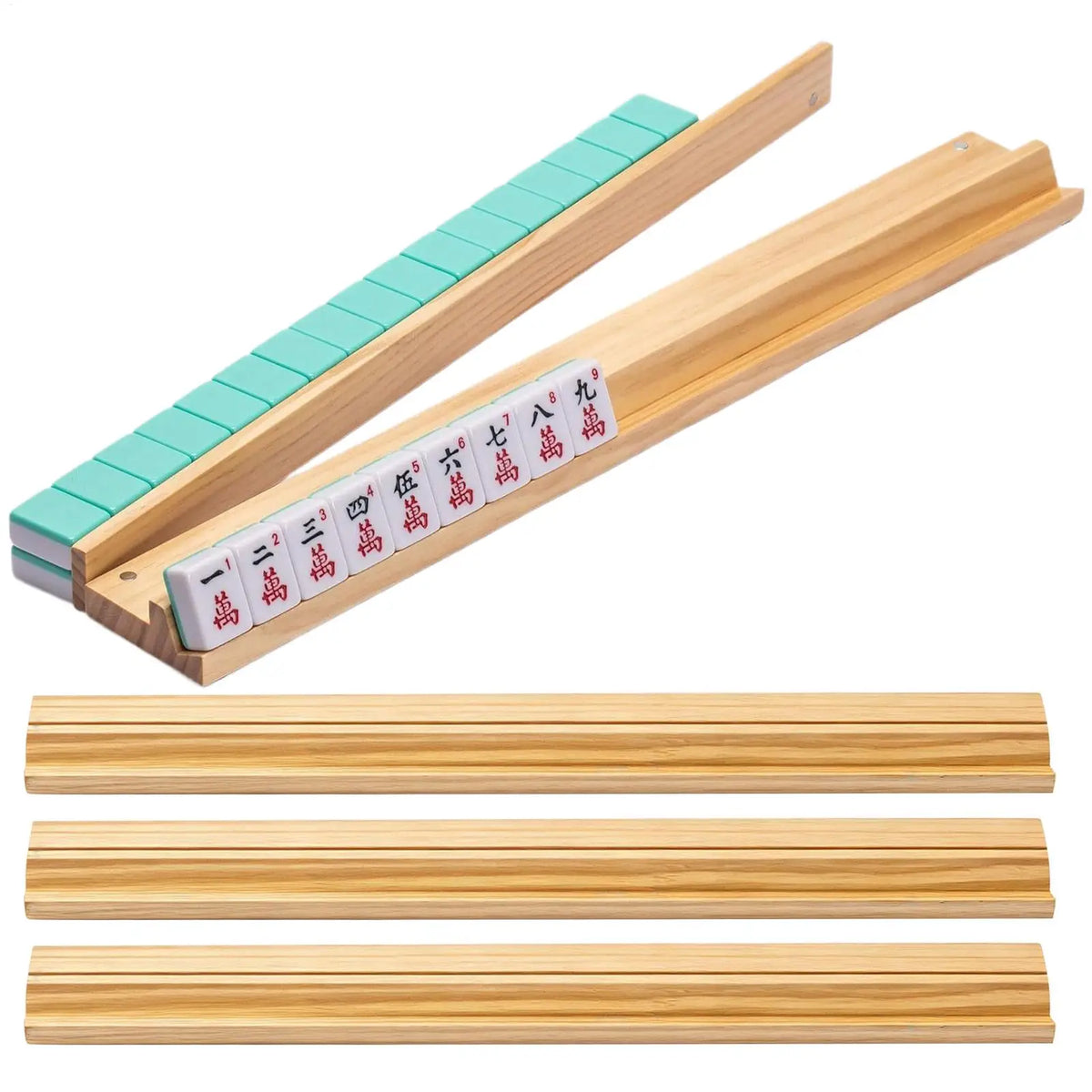 4-Pack Wooden Mahjong Racks with Pushers – Non-Slip Holders Mahjong Rack Set Babs