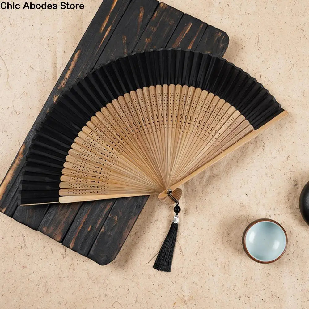 Bamboo Folding Fan | Carved Handle, Batik Cloth & Tassel Gift Decorative Folding Fan Babs