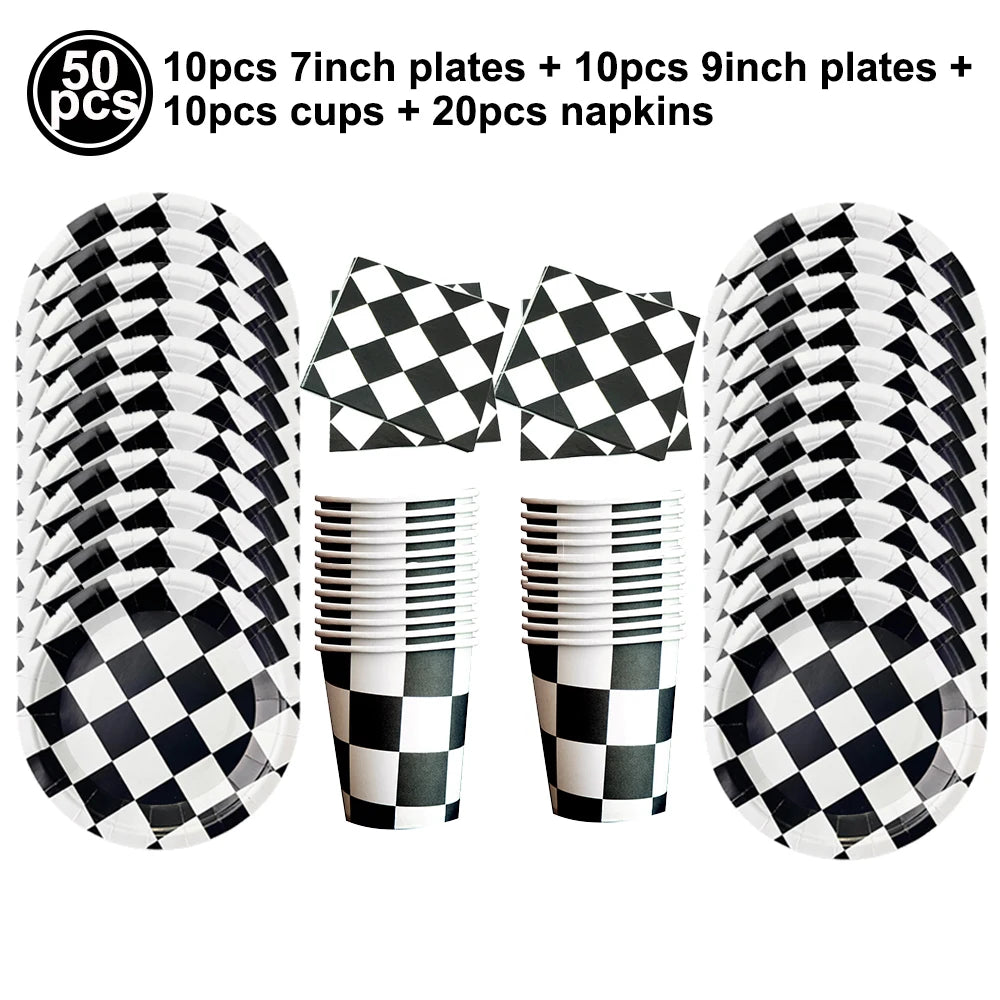 Race Car Checkered Flag Party Supplies – Racing Theme Decor Party Decoration Set Babs Blue