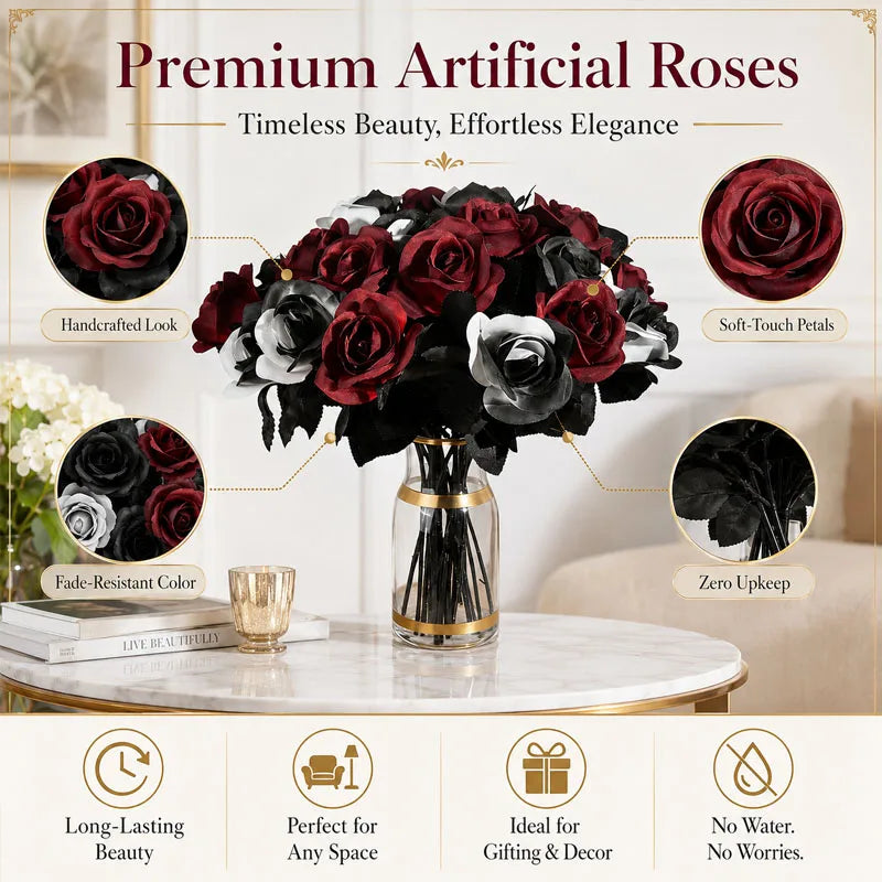 Premium Artificial Black Roses with Stems | Wedding & Halloween Artificial Flowers Babs
