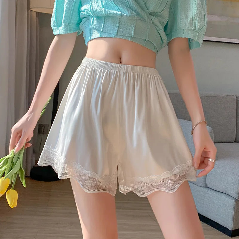 Women's Lace Trim Safety Shorts – Seamless Summer Lounge Wear Women's Safety Shorts Babs M White-1PC