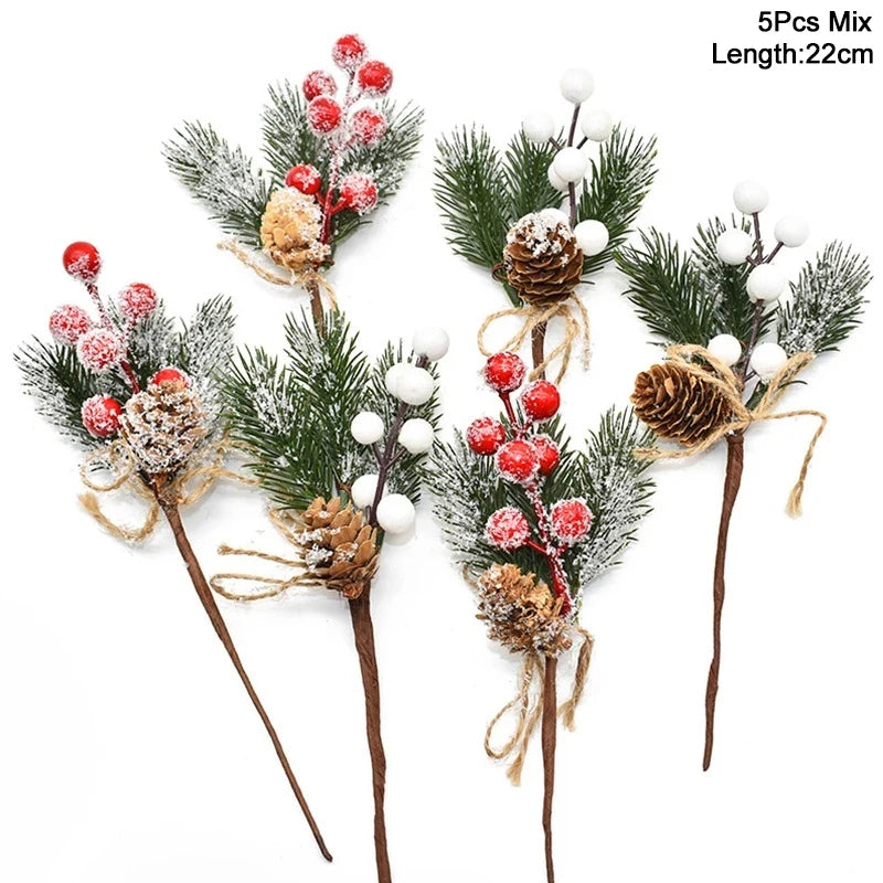 5Pcs Christmas Red Berry & Pine Cone Artificial Branches Décor Christmas Décor Branches Babs 3red 2white