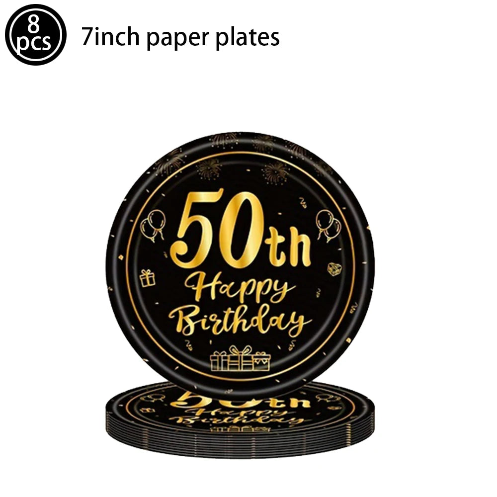 50th Birthday Party Tableware Set – Black & Gold Disposable Party Tableware Babs 7inch plate