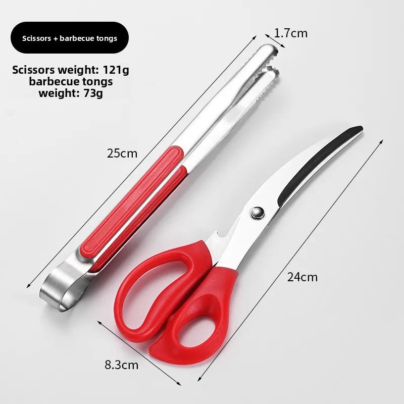 Stainless Steel BBQ Scissors & Tongs Set | Korean Grill BBQ Grill Tool Set Babs Red