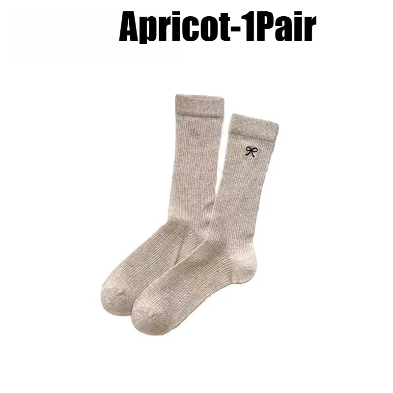 Bowknot Mesh Stacked Socks Korean Preppy Mid-Calf 1-5 Pairs Fashion Socks Babs Apricot-1Pair 35-39