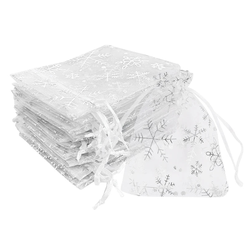 20Pcs Snowflake Organza Drawstring Gift Bags Gold Silver Organza Gift Bags Babs Silver Snowflake 9x12cm
