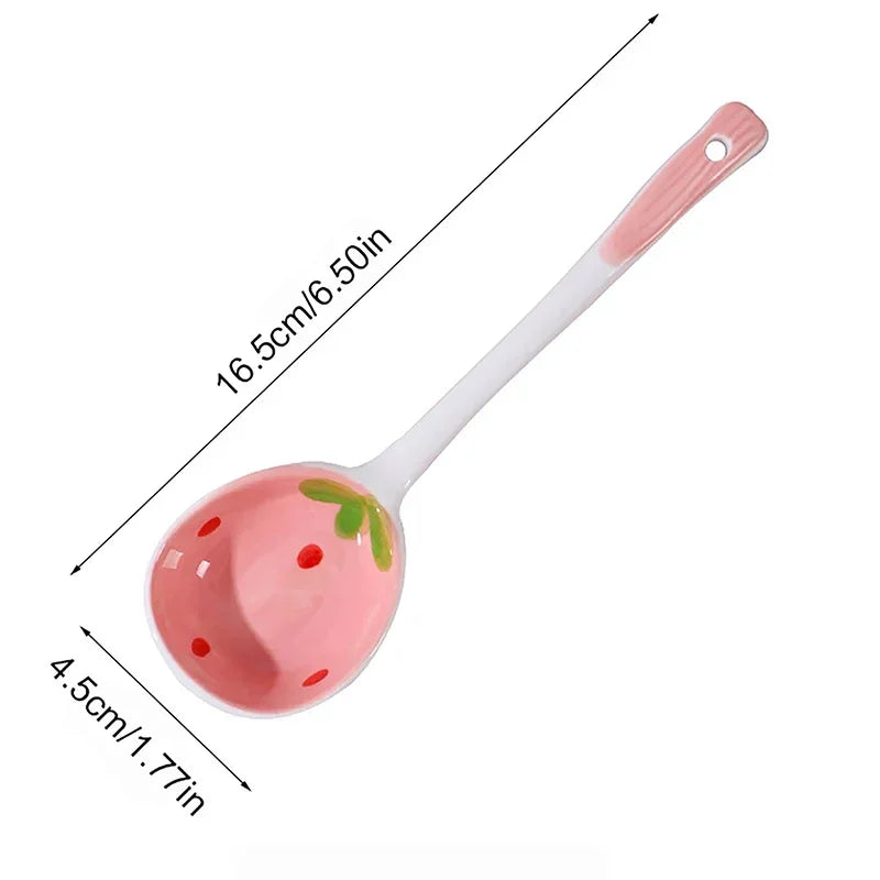 Kawaii Strawberry Ceramic Long Handle Spoon – Hand-Painted Ceramic Spoon Babs
