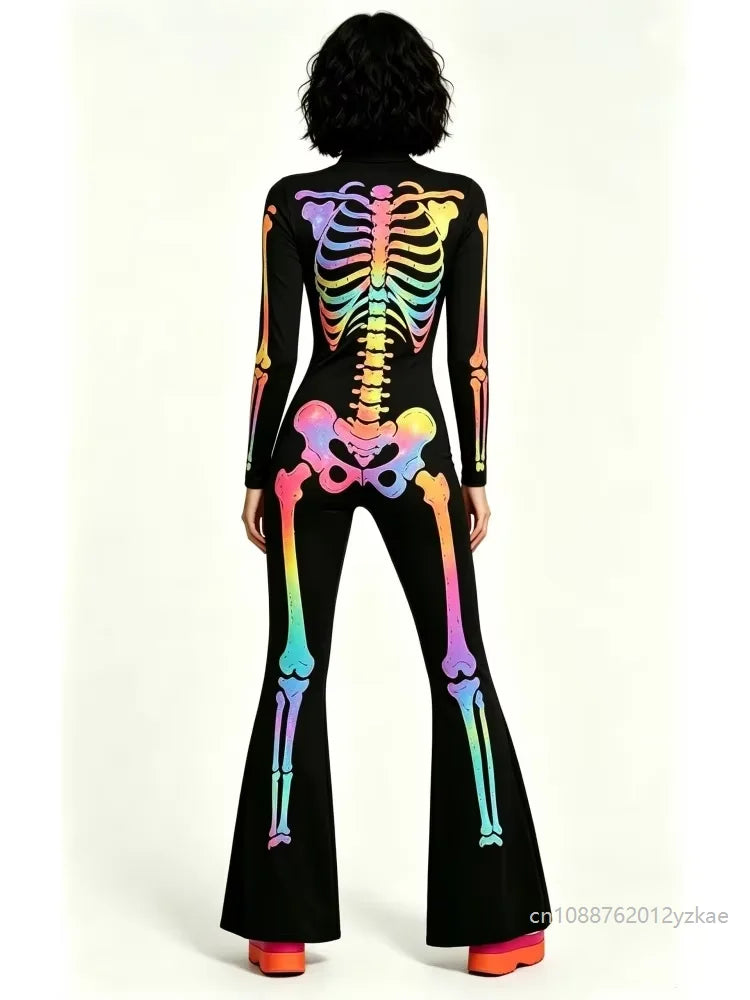 Women's Rainbow Skeleton Flared Catsuit Halloween Jumpsuit Halloween Costume Babs
