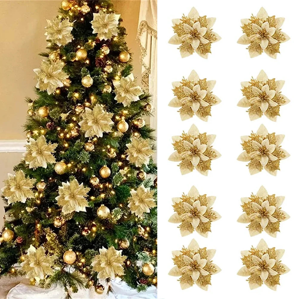 Christmas Glitter Flower Ornaments Pink Red Gold 5/10pcs Christmas Tree Ornaments Babs