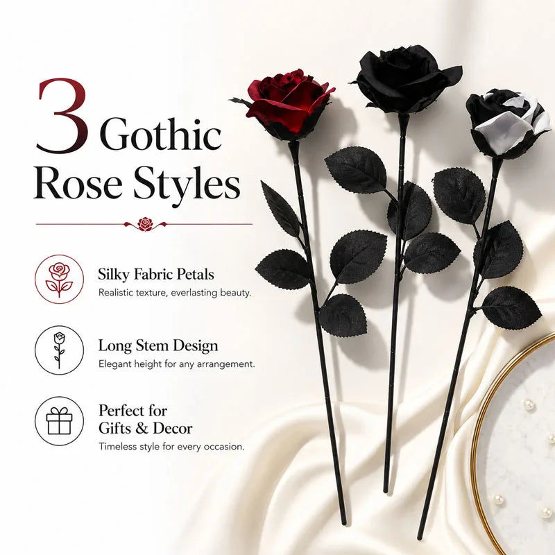 Premium Artificial Black Roses with Stems | Wedding & Halloween Artificial Flowers Babs