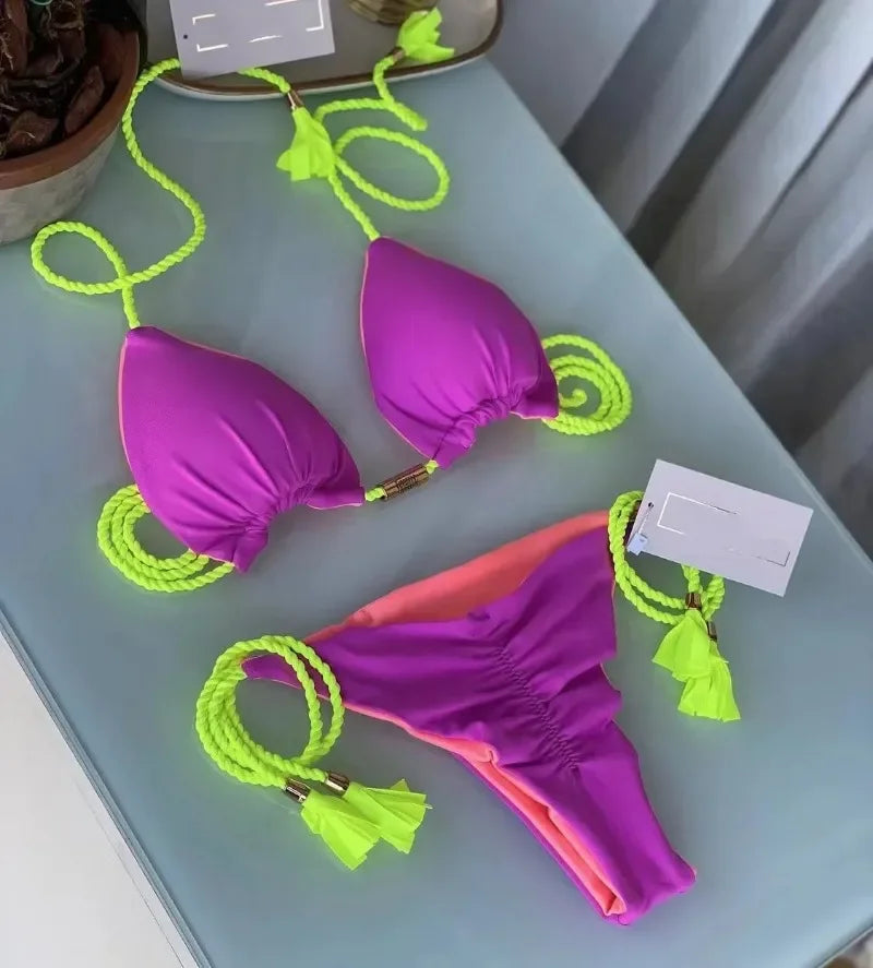 Women's Backless Lace-Up Triangle Bikini Set – Multicolor Triangle Bikini Set Babs