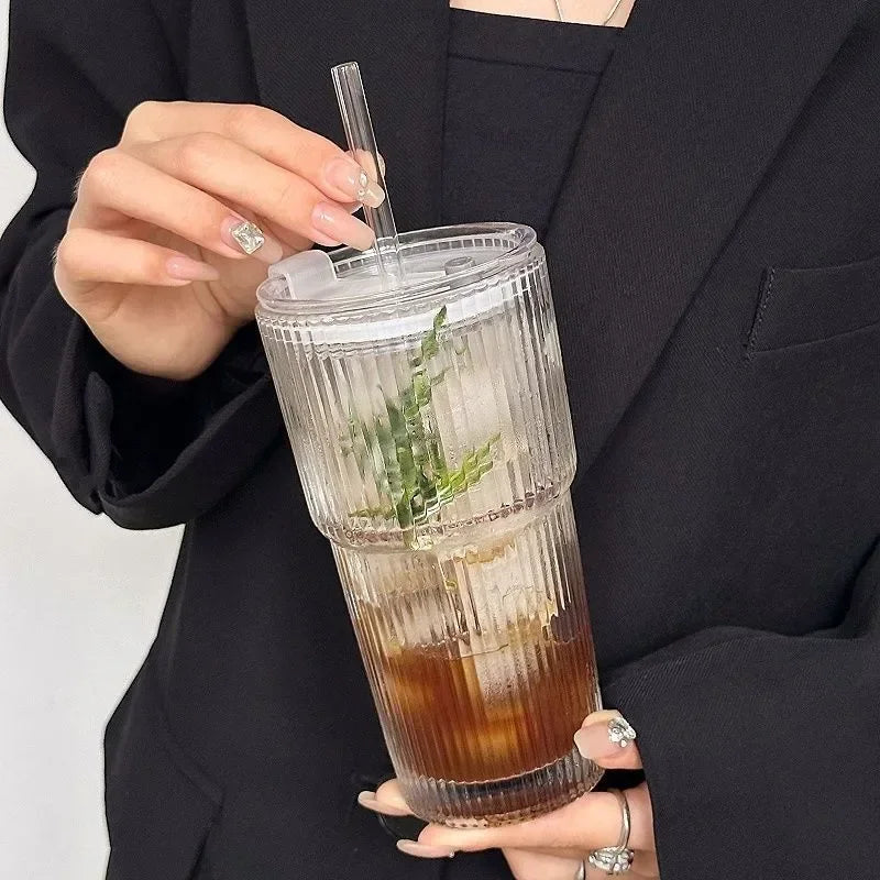Striped Glass Cup with Lid & Straw – 600ml Transparent Drinkware Glass Drinkware Babs