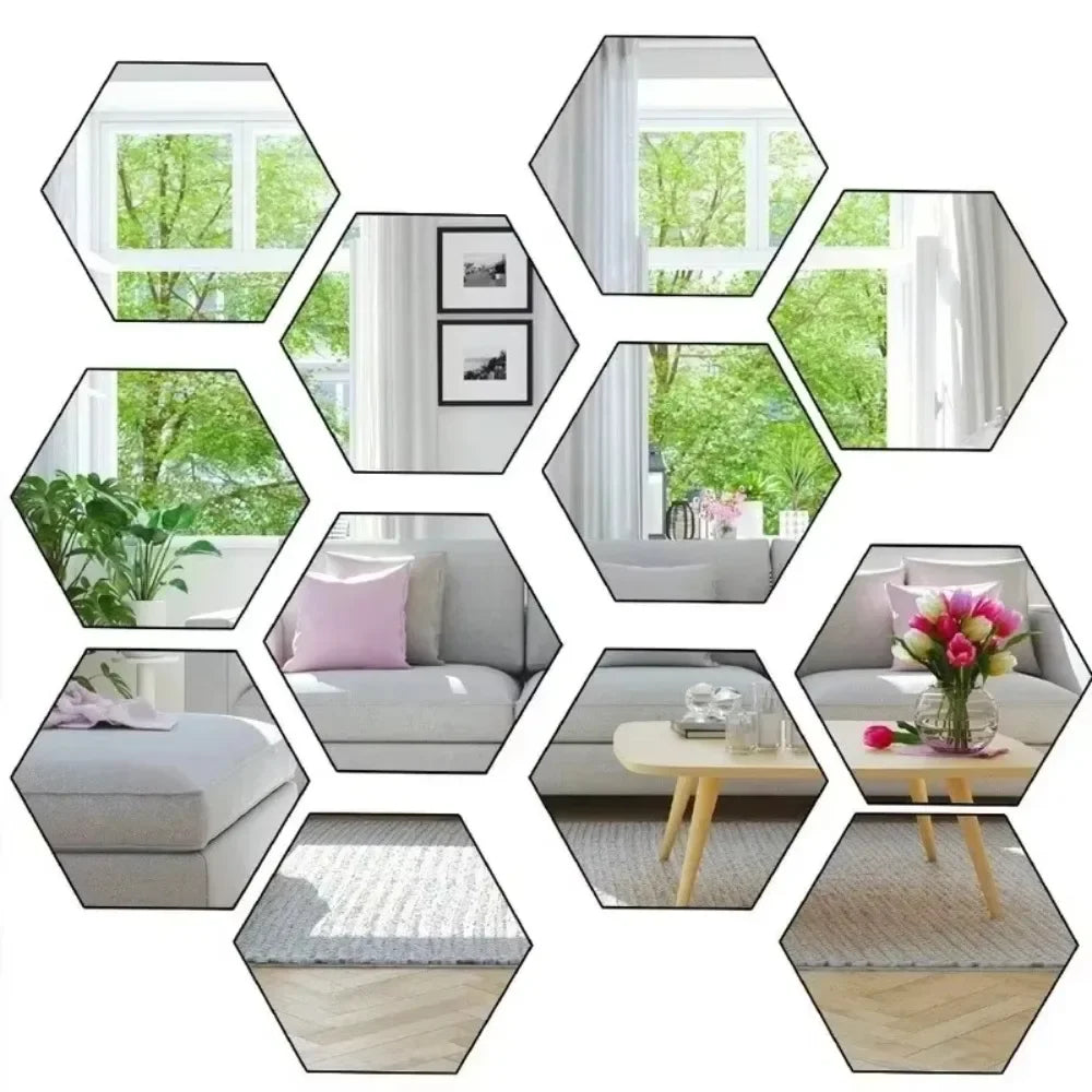 12PCS Hexagon Acrylic Mirror Wall Stickers – Mosaic Tile Decals Mirror Wall Stickers Babs