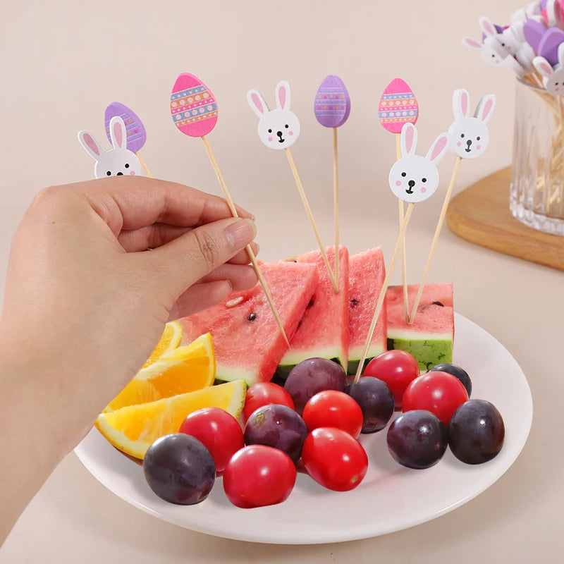 100pcs Easter Bamboo Food Picks Rabbit Egg Cupcake Skewers Disposable Food Picks Babs