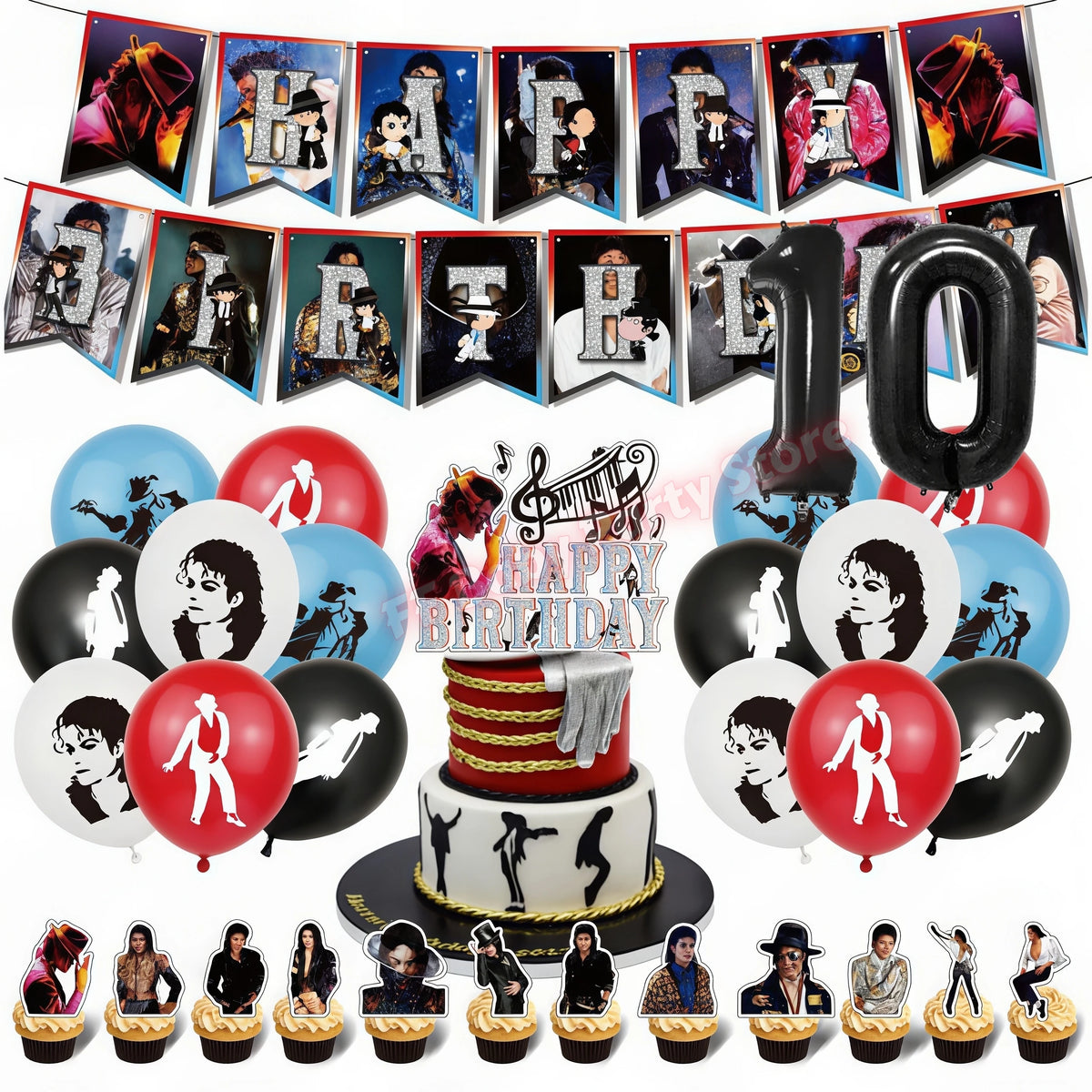 MJ Pop King Birthday Party Decorations – Balloon, Banner & Topper Party Decoration Set Babs 32pcs Number-10