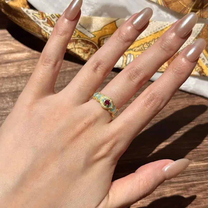 Vintage Palace Auspicious Cloud Ruby Zircon Ring – Adjustable Cocktail Ring Babs