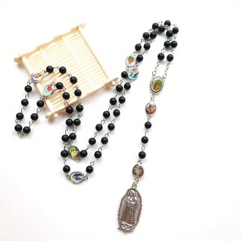 Black Crystal Rosary Necklace – Long Cross Pendant, Unisex Rosary Necklace Babs