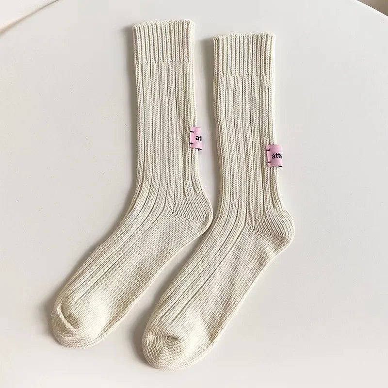 Unisex Cotton Chunky Knit Crew Socks – Retro Stacked Style Knit Crew Socks Babs Beige One Size
