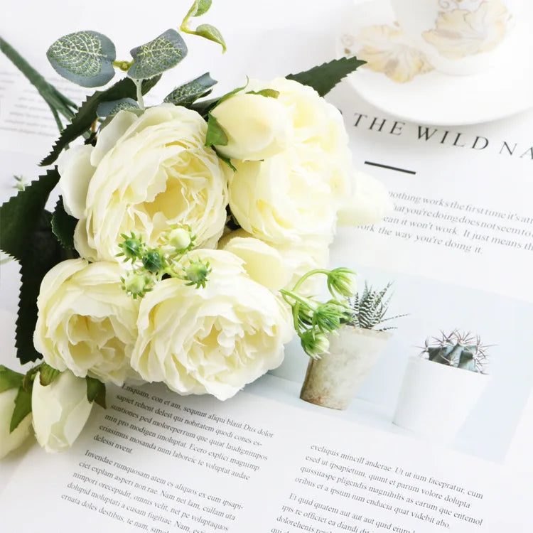 Silk Peony Rose Artificial Bouquet – Wedding & Home Décor Artificial Flower Bouquet Babs milk white