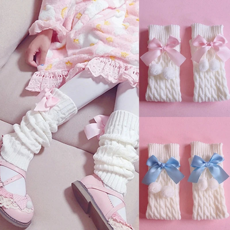 Japanese Preppy Cable Knit Leg Warmers – Bow & Plush Ball Knit Leg Warmers Babs