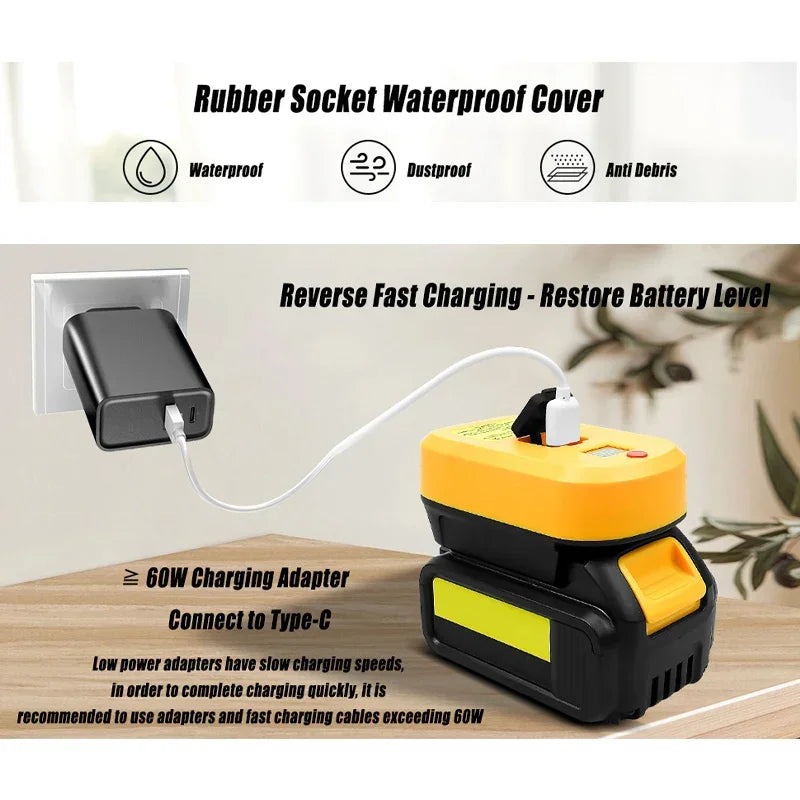 60W Dewalt Battery Adapter Charger | 18V 20V 60V USB Type-C Battery Charger Adapter Babs