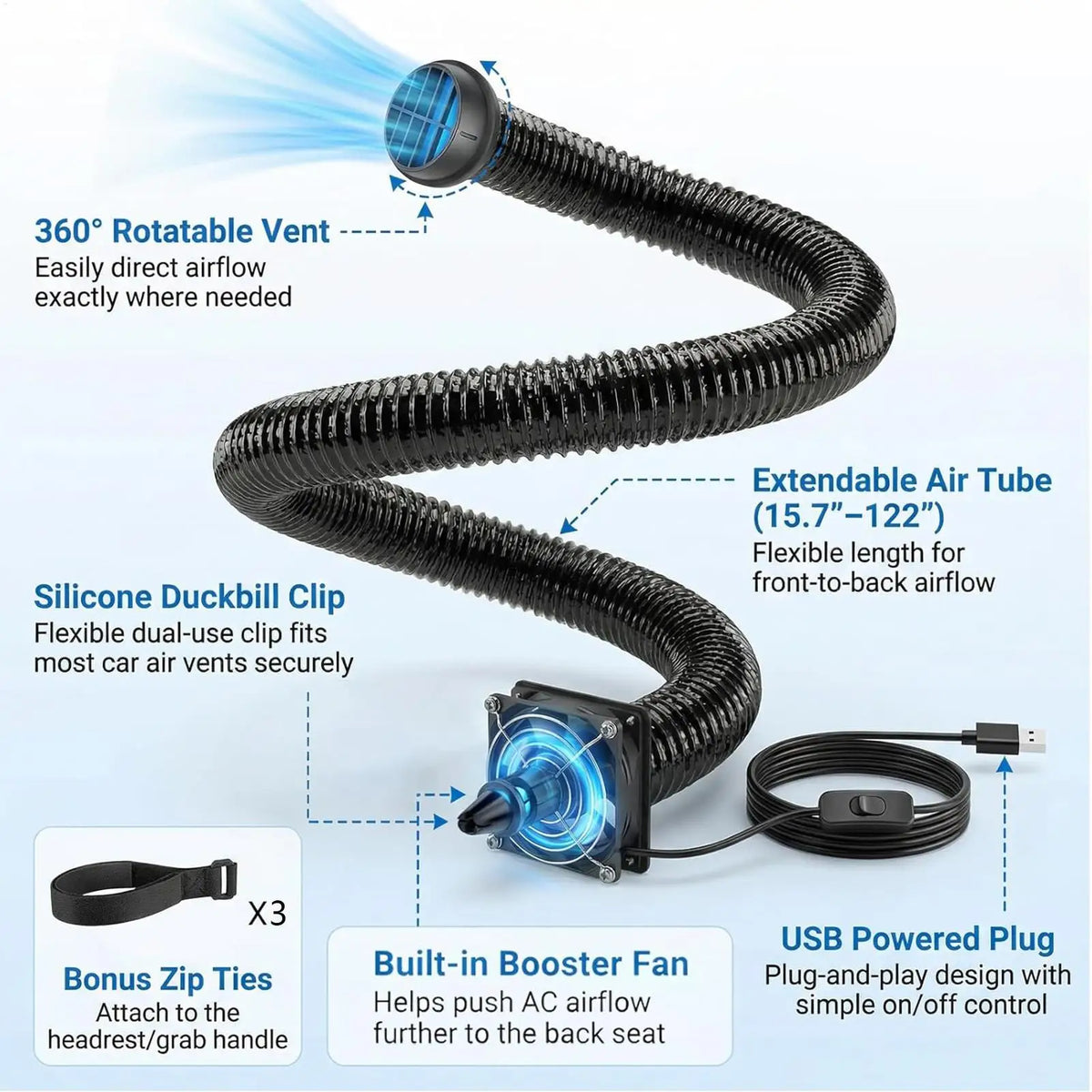 Foldable Car AC Vent Extender – 3M Hose for SUV RV Truck Car AC Vent Extender Babs