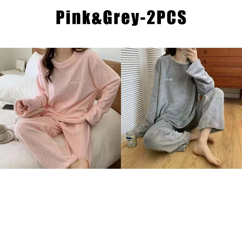 Women's Coral Fleece Flannel Pajama Set – Cozy Winter Loungewear Fleece Pajama Set Babs Pink Grey 2PCS One SIze
