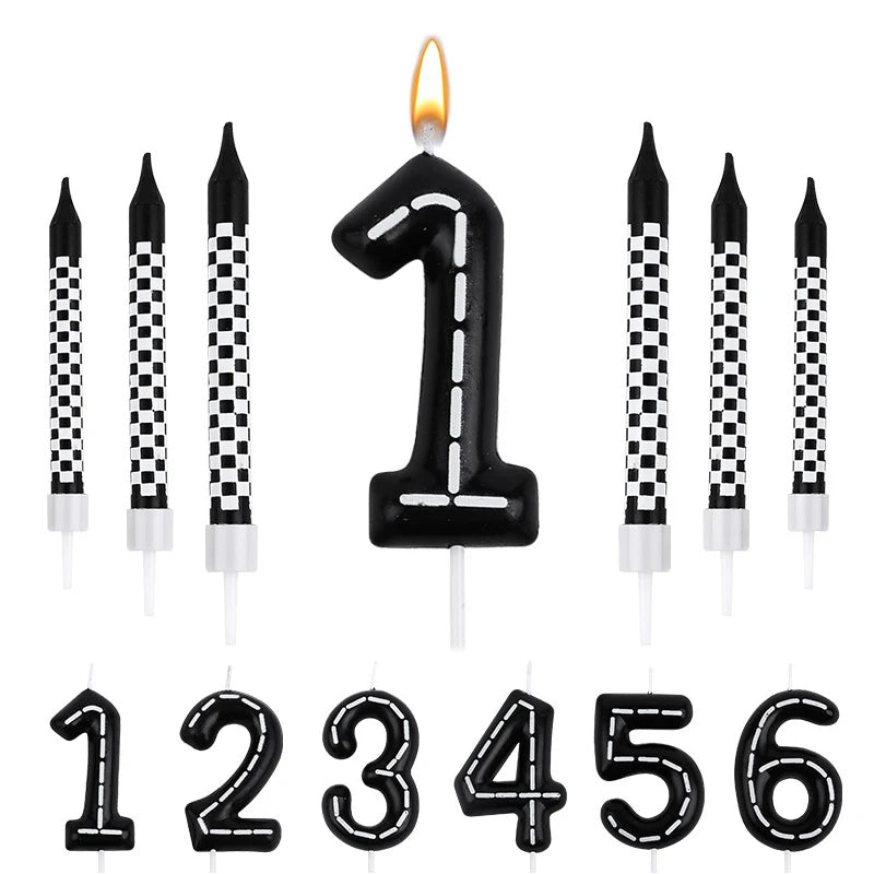 7-Pc Racing Car Birthday Candles & Checkered Cake Topper Set Birthday Cake Candles Babs