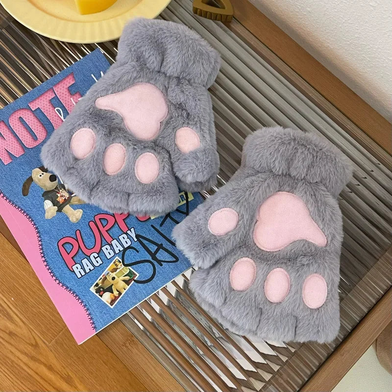 Plush Cat Paw Gloves – Fluffy Fingerless Mittens for Women Fingerless Plush Gloves Babs G