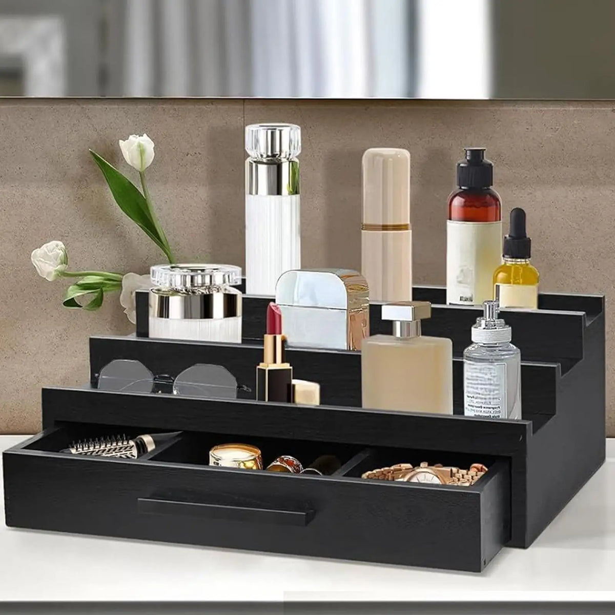 3-Tier Wood Perfume Organizer Rack with Drawers – Black Perfume Organizer Rack Babs