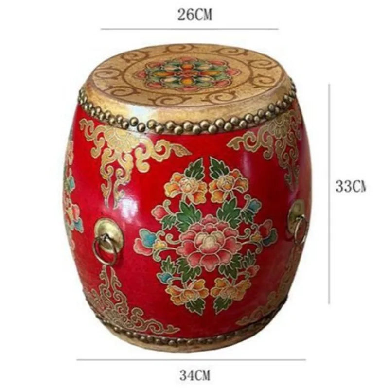 Retro Wooden Drum Stool | Genuine Leather Round Ottoman Decorative Ottoman Stool Babs