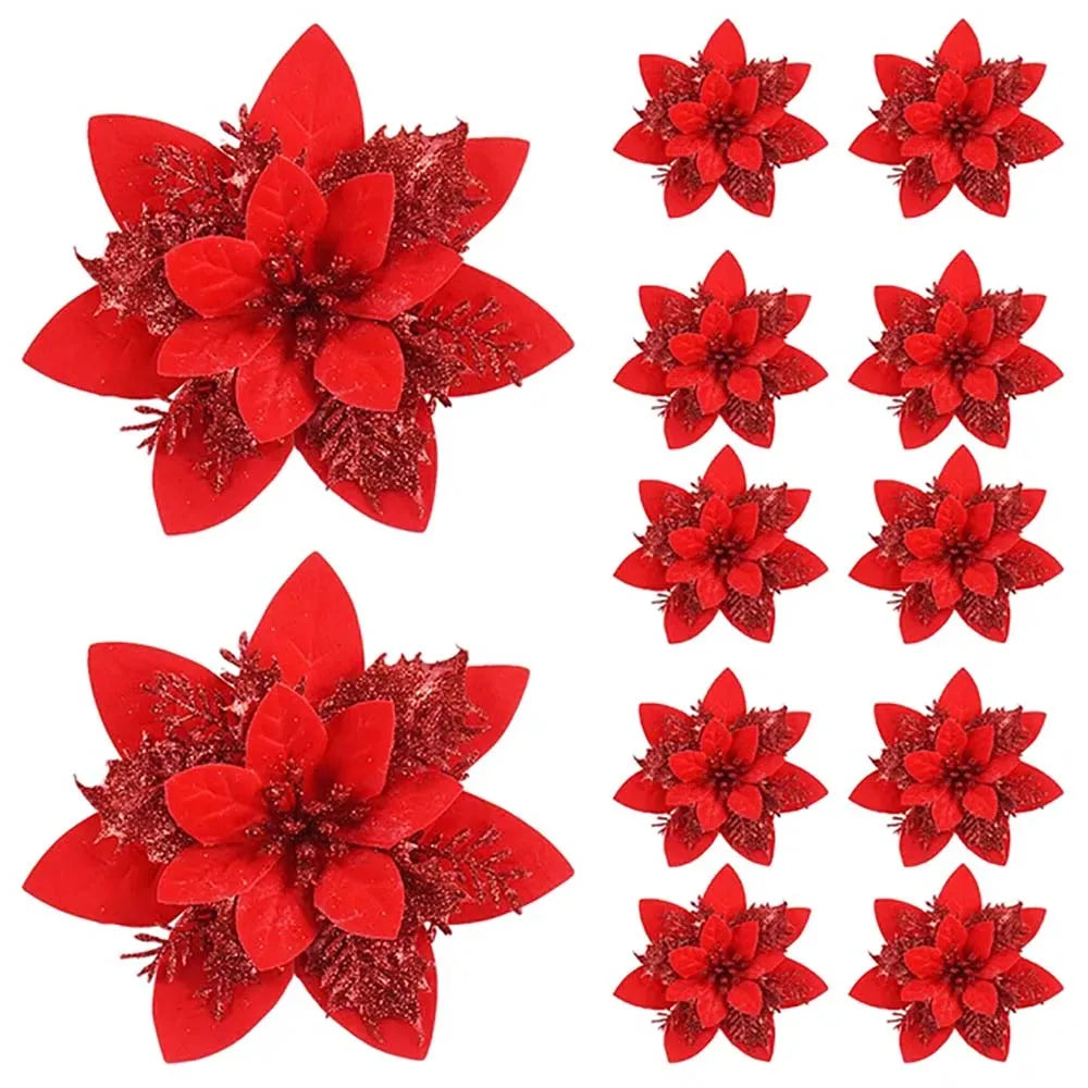 Christmas Glitter Flower Ornaments Pink Red Gold 5/10pcs Christmas Tree Ornaments Babs Red 20Pcs
