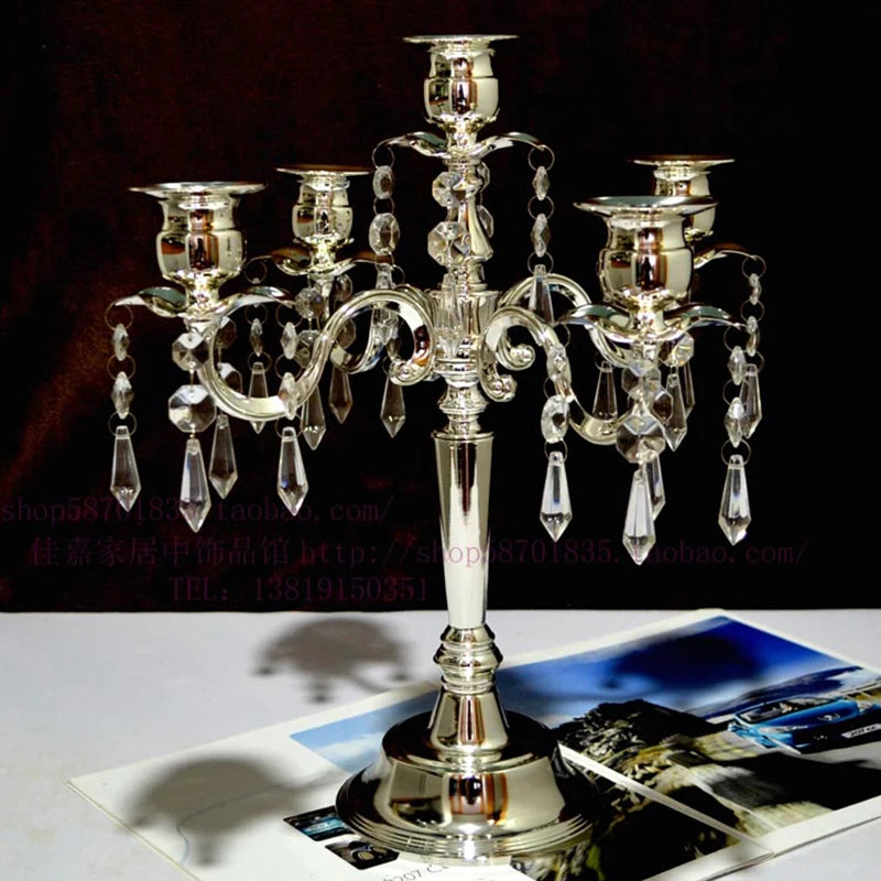 Silver 5-Arm Crystal Candelabra – Elegant Table Centerpiece Candelabra Holder Babs