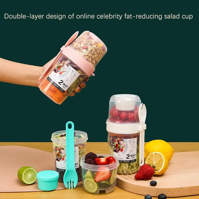 Two-Layer Yogurt Salad Cup with Lid, Spoon & Sauce Cup Food Storage Container Babs
