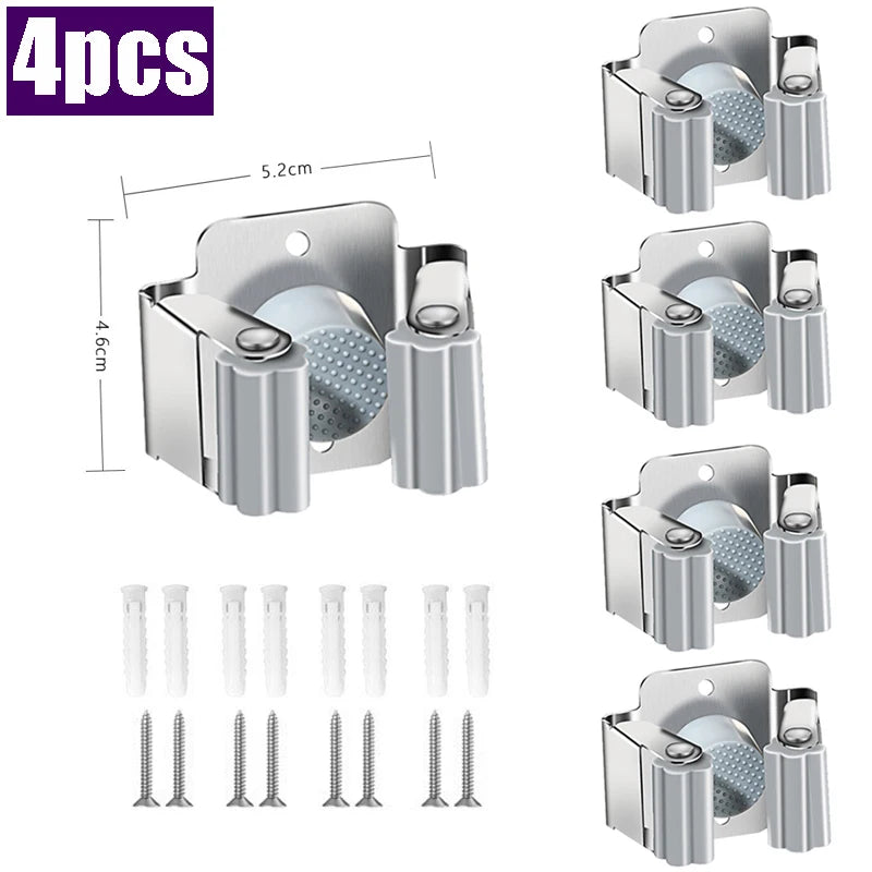 Stainless Steel Wall-Mounted Mop & Broom Clip Holder Rack Mop Broom Holder Babs Sliver-4pcs