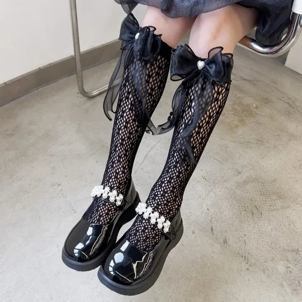Lace Bow Thigh High Socks – Sheer Mesh Stockings for Women Thigh High Stockings Babs