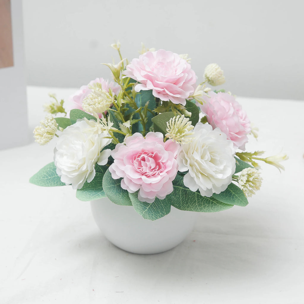 Peony Bonsai Artificial Silk Flowers Potted Plant Table Decor Artificial Flower Decor Babs White Pink