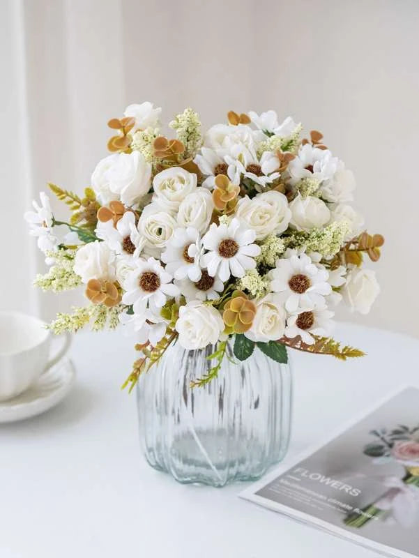 Silk Rose Artificial Bouquet | Wedding & Home Décor Gift Artificial Flower Bouquet Babs WHITE 1 PC