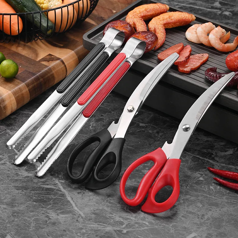 Stainless Steel BBQ Scissors & Tongs Set | Korean Grill BBQ Grill Tool Set Babs