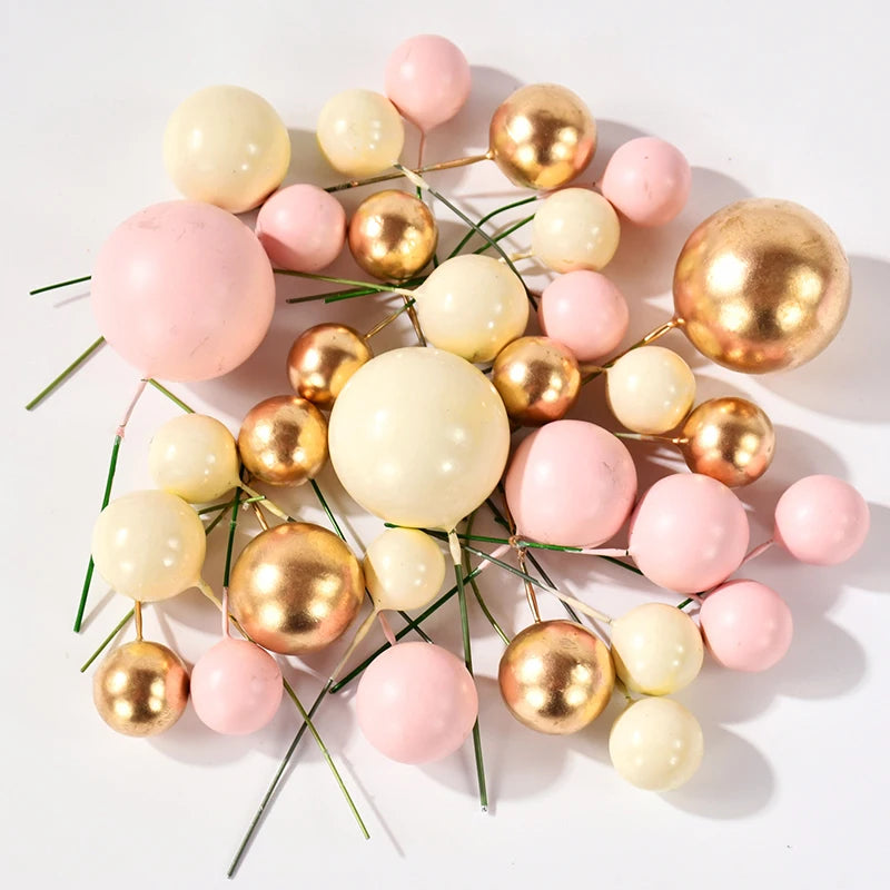 32Pcs Pink Gold Pearl Ball Cake Toppers – Party & Wedding Cake Topper Set Babs