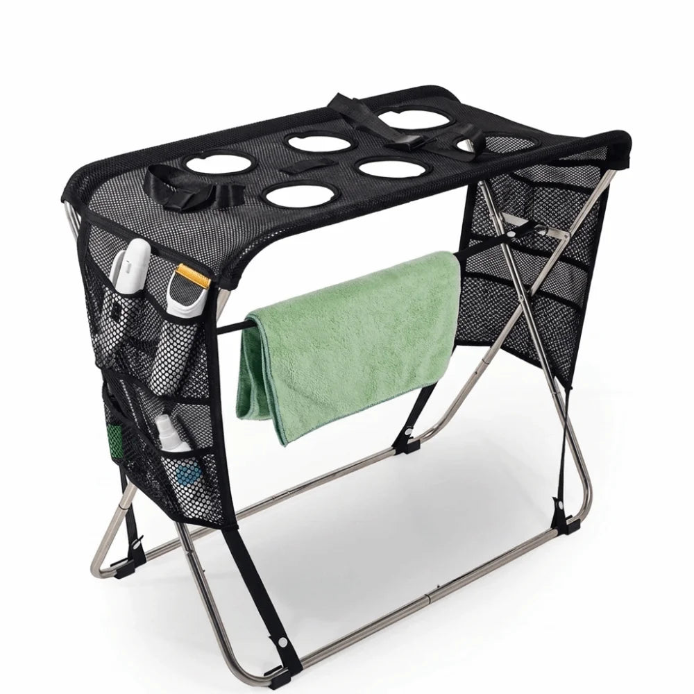 Folding Pet Grooming Hammock – Anti-Scratch Mesh Bathing Rack Pet Grooming Table Babs Black 6 holes