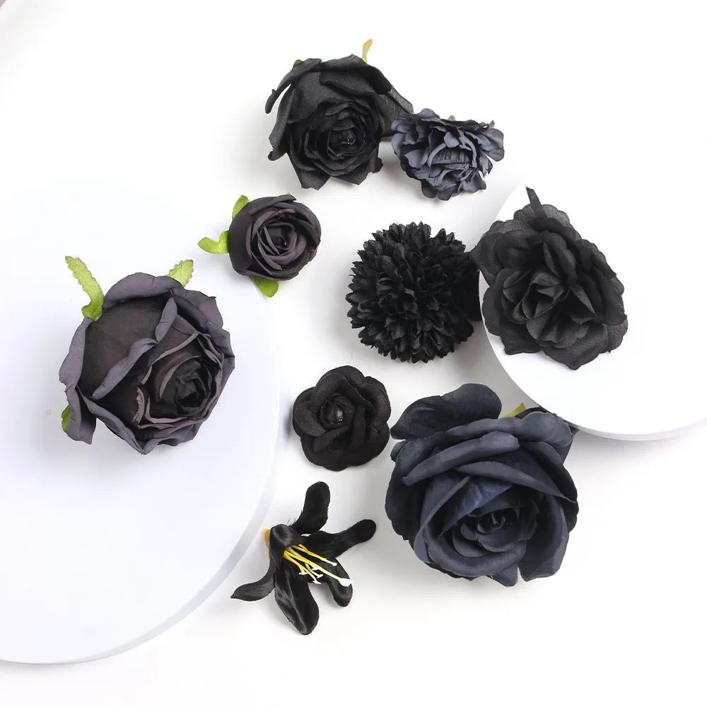 10Pcs Black Silk Artificial Rose Heads – DIY Wedding Decor Artificial Flower Heads Babs