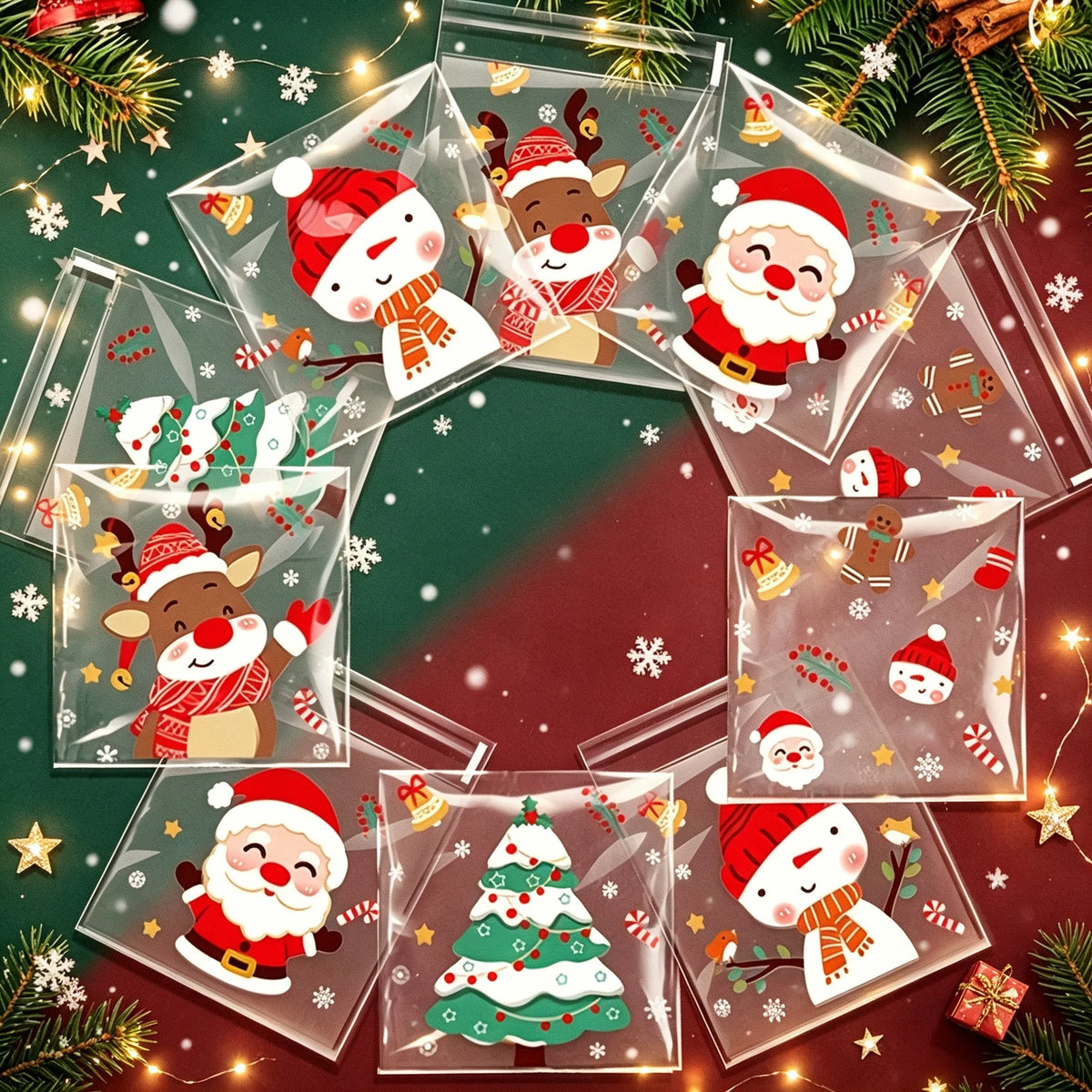 100Pcs Christmas Cellophane Candy Bags | Self-Adhesive Gift Bags Holiday Gift Bags Babs