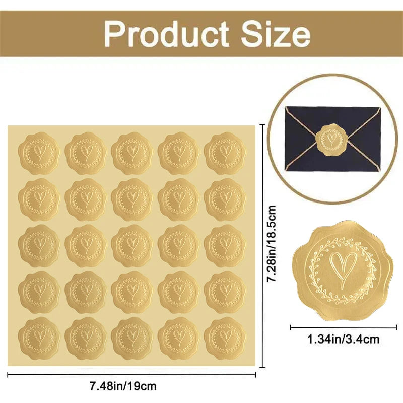 Gold Embossed Heart Wax Seal Stickers – 100–200 Pcs Decorative Seal Stickers Babs