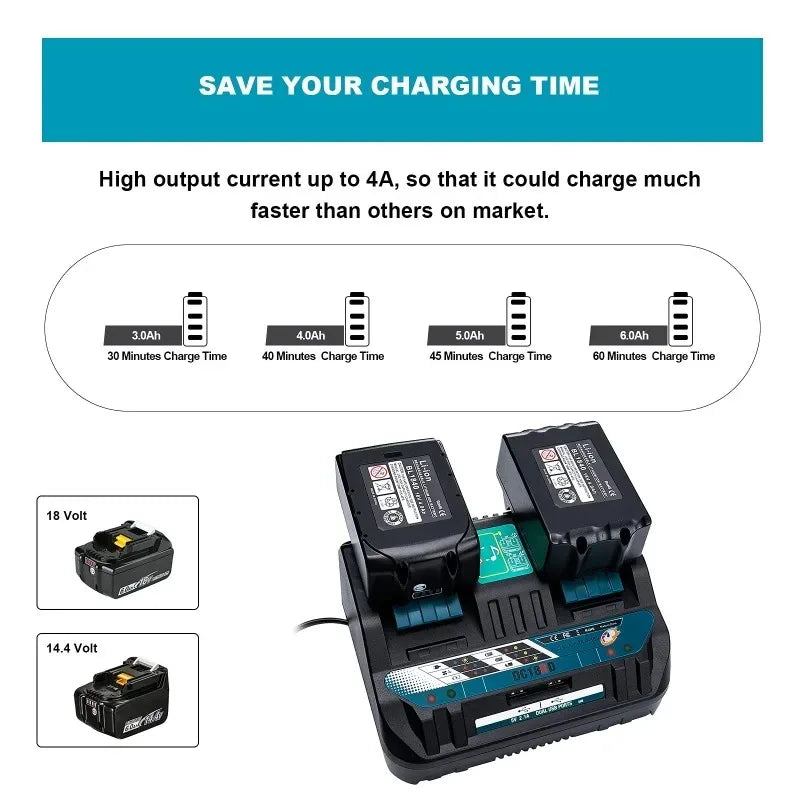 Dual-Port 14.4V–18V Li-Ion Charger for Makita BL1830 DC18RD Battery Charger Babs