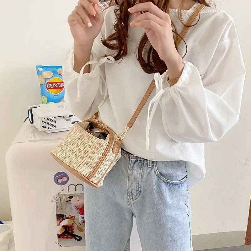 Woven Straw Bucket Bag – Bohemian Crossbody Shoulder Tote Woven Bucket Bag Babs