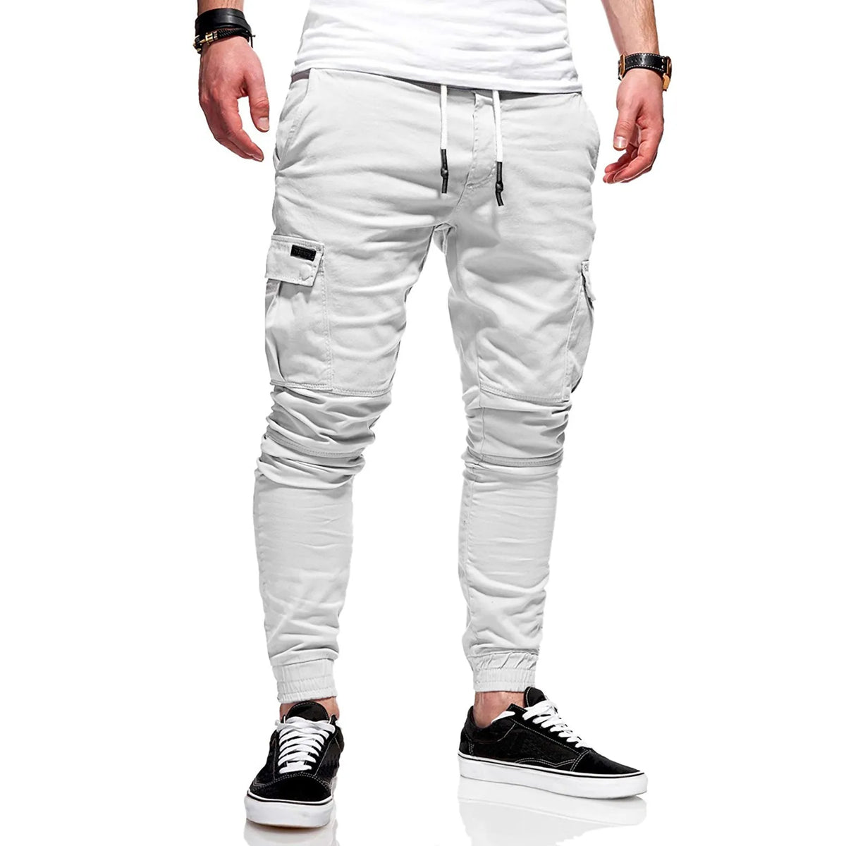 Men's Slim Fit Drawstring Casual Pants – Multi-Pocket Trousers Casual Drawstring Pants Babs White L