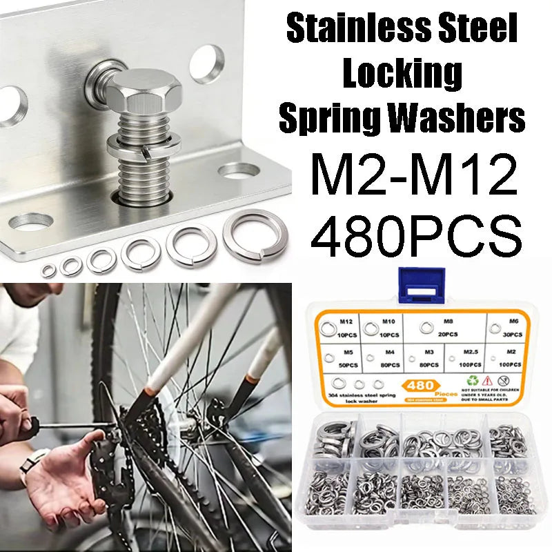 480Pcs 304 Stainless Steel Lock Washers M2–M12 Spring Washer Kit Lock Washer Set Babs
